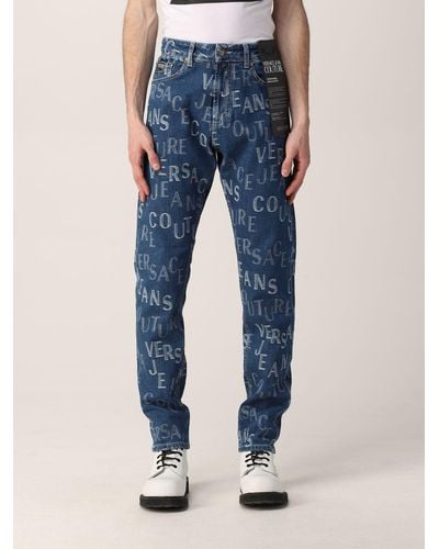 Versace Jeans In Denim With All Over Logo - Blue