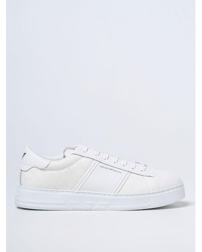 Emporio Armani Sneakers In Leather And Logoed Canvas - White