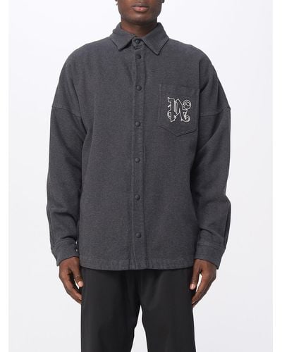Palm Angels Flannel Overshirt With Monogram - Gray