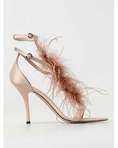 Pinko Janis Sandals In Satin With Feathers - Natural