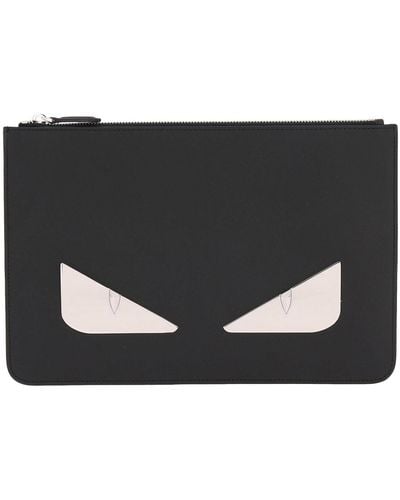 Fendi Monster Eyes Clutch Bag In Smooth Leather With Bugs Maxi Metallic Eyes Bag Bugs - Black