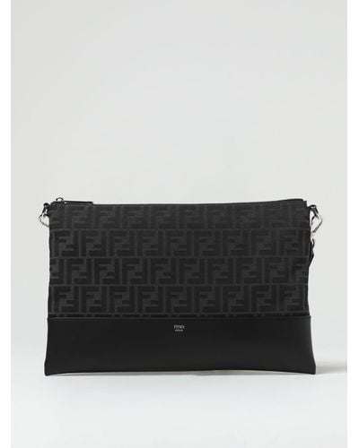 Fendi Leather And Fabric Pouch With Jacquard Ff Monogram - Black