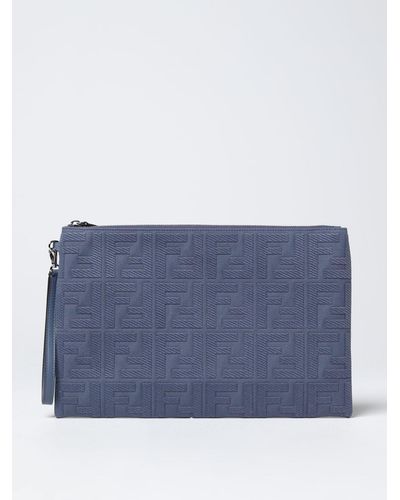 Fendi Ff Embroidered Zipped Clutch Bag - Blue