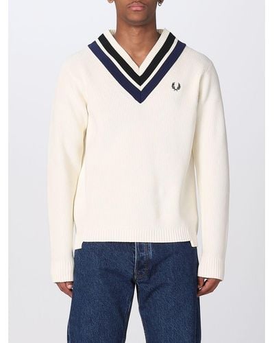 Fred Perry Striped V-neck Knit Sweater - White