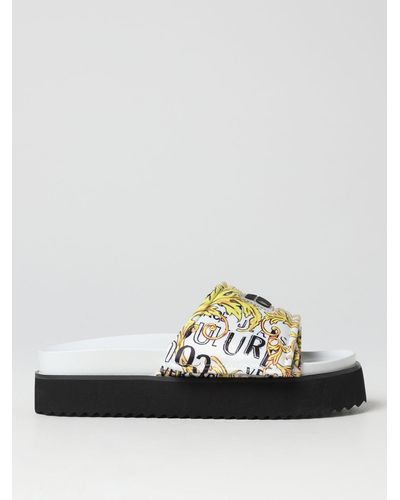Versace Sliders In Baroque Print Synthetic Leather - White