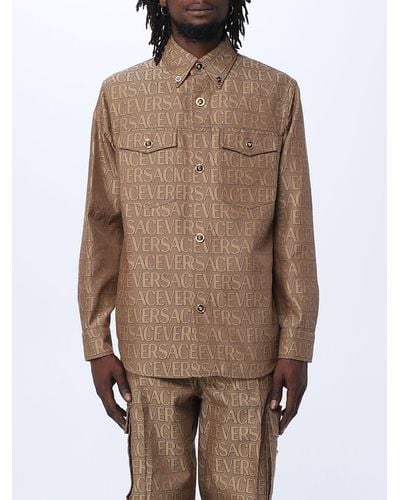 Versace Shirt In Cotton Blend With Jacquard Logo - Brown
