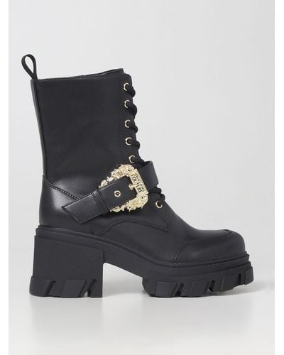 Versace Ankle Boots In Synthetic Leather With Baroque Buckle - Black
