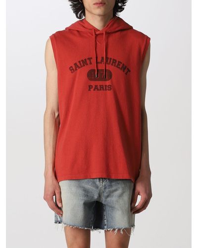 Saint Laurent Sleeveless Cotton Hoodie With Logo - Red