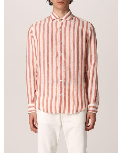 Eleventy Shirt In Linen With Striped Print - Pink