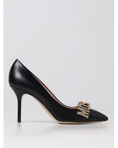 Moschino Court Shoes In Leather With Metal And Rhinestone Logo - Black