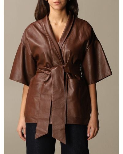 L'Autre Chose Wrap Jacket In Leather - Brown