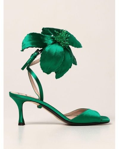 N°21 Heeled Sandal N ° 21 In Satin With Flower - Green