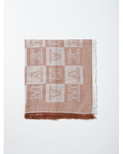 Max Mara Scarf In Wool And Silk With All-over Lettering - Natural