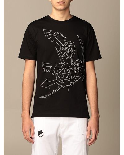 Les Hommes Cotton T-shirt With Floral Print - Black