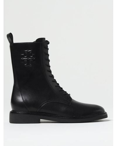 Tory Burch Double T Combat Boot In Leather With Laces - Black