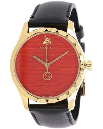 Gucci Orologio con cinturino in pelle e cassa in metallo - Rosso