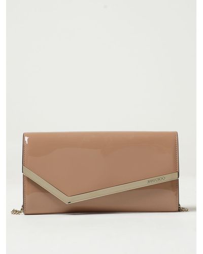 Jimmy Choo Emmie Clutch In Patent Leather With Shoulder Strap - Natural