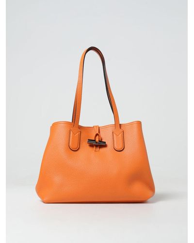 Longchamp Borsa Roseau Essential in pelle a grana con logo - Arancione