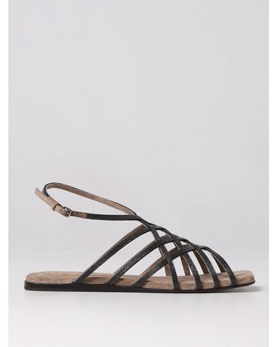 Brunello Cucinelli Sandal In Leather With Jewel - Brown
