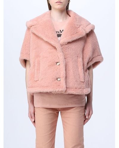 Max Mara Cape In Camel And Wool Teddy - Pink