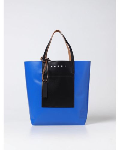 Marni Tribeca Bag In Coated Cotton With Logo - Blue