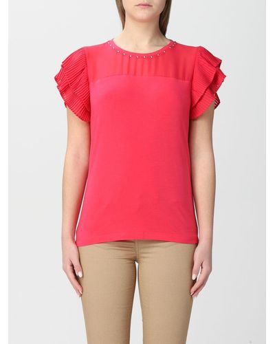 Liu Jo Cotton T-shirt With Pleated Rouches - Red