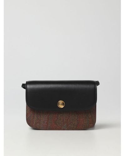 Etro Essential Bag In Coated Cotton And Leather With Logo - Black