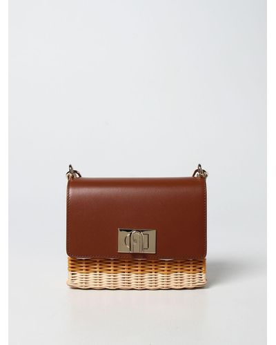 Furla 1927 Bag In Leather And Woven Straw - Brown