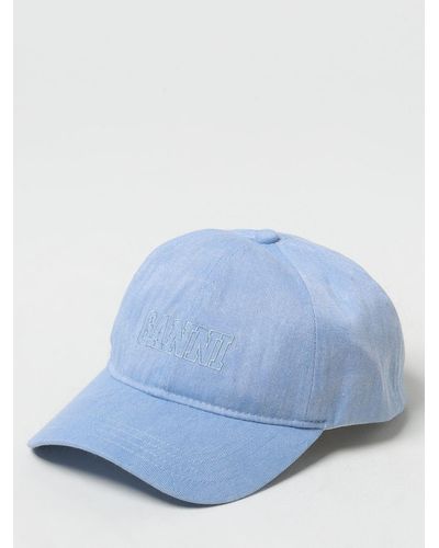 Ganni Cappello in cotone con logo ricamato - Blu