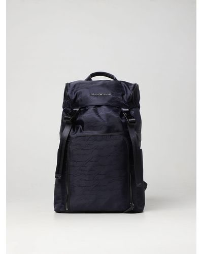 Emporio Armani Backpack In Synthetic Fabric With All Over Logo - Blue