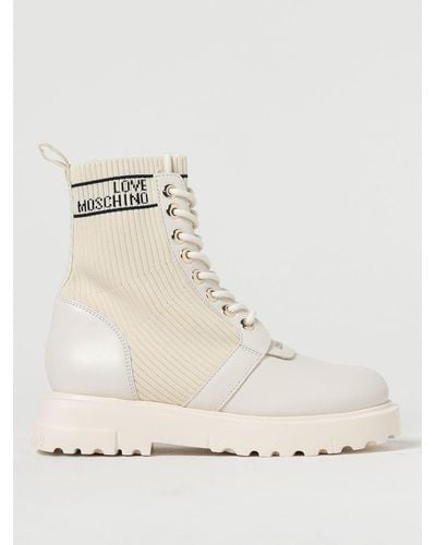 Love Moschino Ankle Boots In Leather And Stretch Knit - Natural