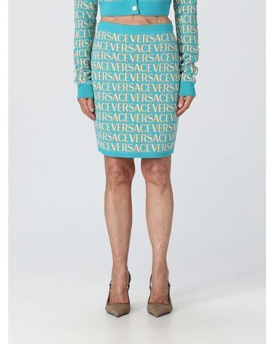 Versace Skirt In Cotton Blend With Jacquard Logo - Blue