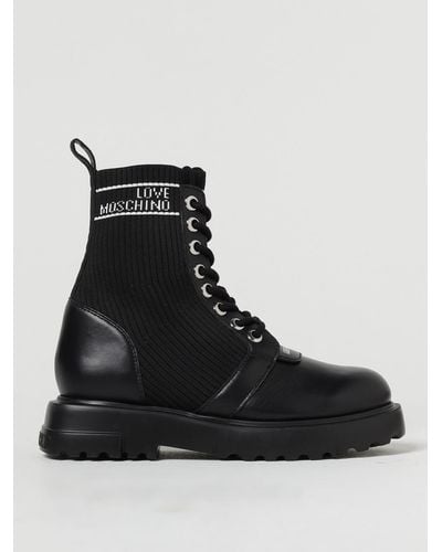 Love Moschino Ankle Boots In Leather And Stretch Knit - Black