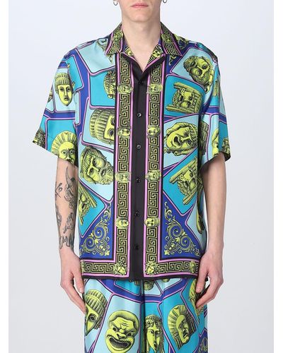 Versace Chemise de bowling en soie E Maschere - Bleu