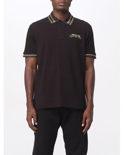 Versace Polo Shirt In Cotton Pique With Chain Logo Print - Black
