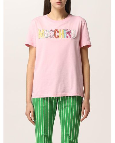 Moschino T-shirt in cotone con logo di paillettes - Rosa