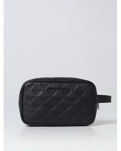 Emporio Armani Beauty Case In Leather With All Over Logo - Black