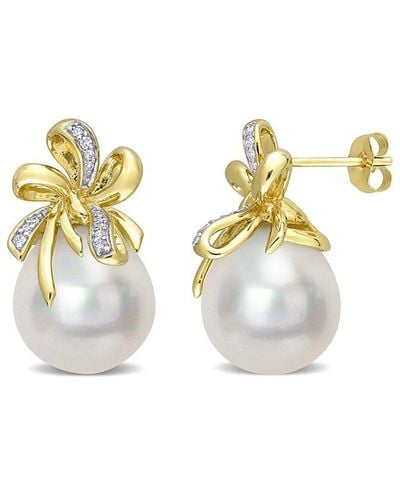 Rina Limor 10k 0.1 Ct. Tw. Diamond 12-12.5mm Pearl Floral Earrings - Metallic
