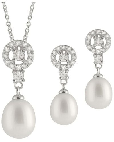 Splendid Rhodium Plated 8-9.5mm Pearl Cz Necklace & Earrings Set - Natural