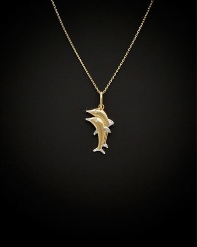 Italian Gold 14k Two-tone Double Dolphin Adjustable Necklace - Black