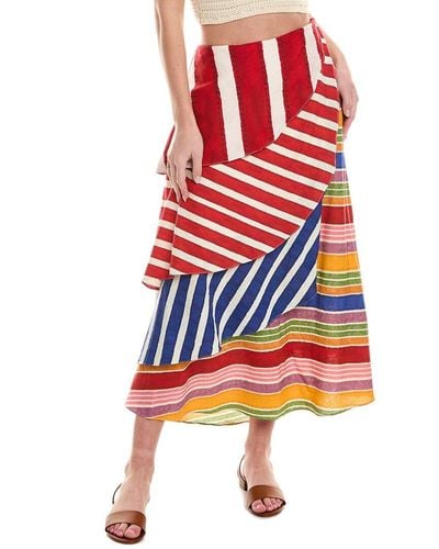 FARM Rio Amazing Stripes Frilled Linen-blend Midi Skirt - Red