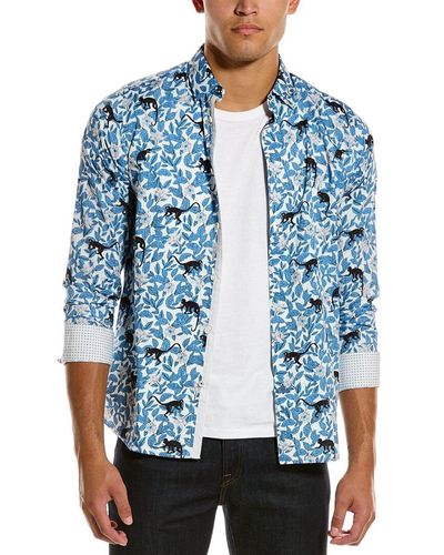 Ted Baker Yeux Monkey & Leaf Print Slim Fit Button - Down Shirt - Blue