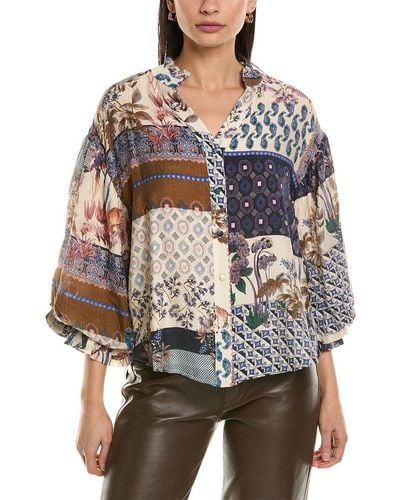 Fate Patchwork Print Bubble Sleeve Blouse - Gray