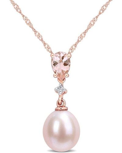 Rina Limor 10k Rose Gold 0.42 Ct. Tw. Diamond & Morganite 9-9.5mm Pearl Necklace - White