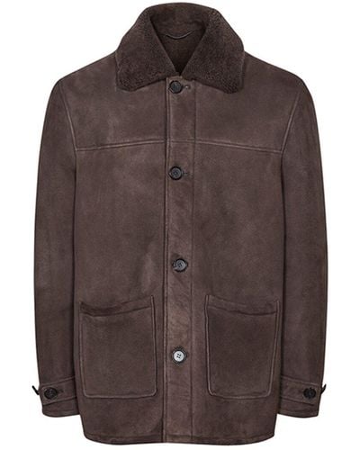Reiss Treem Mid Length Shearling Leather Jacket - Brown