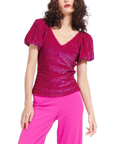 EMILY SHALANT Puff Sleeve V-neck Sequin T-shirt - Pink