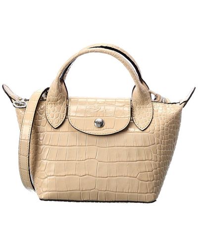 Longchamp Le Pliage Cuir Xs Croc-embossed Leather Short Handle Tote - Natural