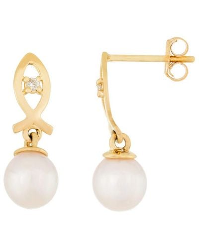 Masako Pearls Splendid Pearls 14k 0.02 Ct. Tw. Diamond 6-6.5mm Pearl Earrings - Metallic