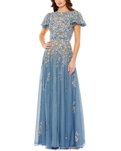 Mac Duggal Embellished Butterfly Sleeve High Neck Gown - Blue