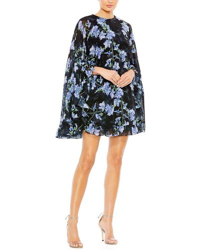 Mac Duggal Floral Print High Neck Ruffle Hem Cape Mini Dress - Blue